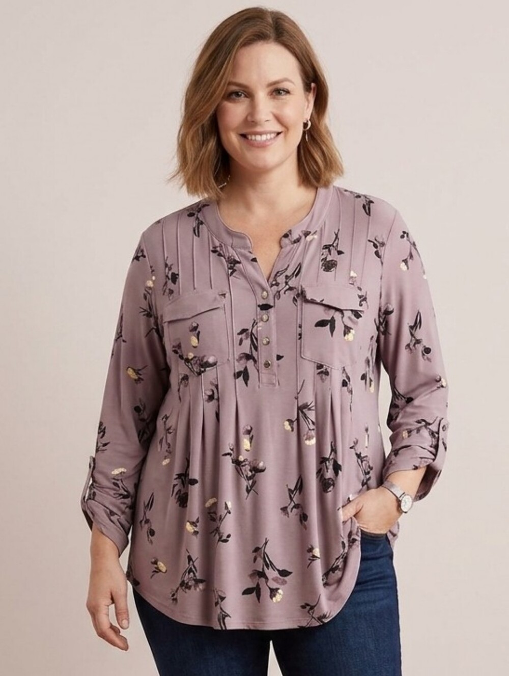 Lily Morgan Floral Pleated Tunic - Mauve & Floral Print - Size XL